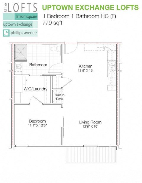 Floor plan for 1 bed, 1 bath, 779 sqft